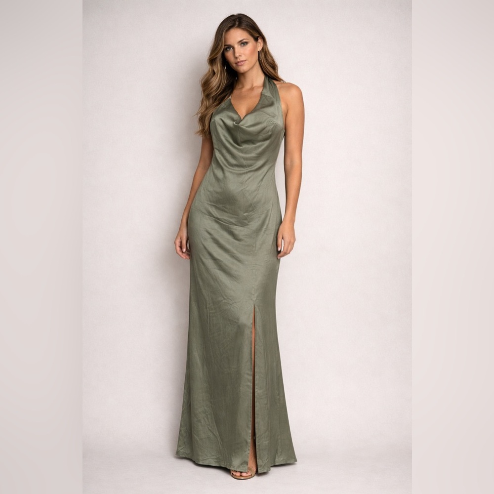 NWT  STACEES SIZE APROX Small Olive Satin Halter Maxi Dress